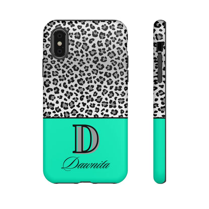 Gray Leopard Print and Teal Personalized Name Phone Case - for iPhone, Samsung, and Google Phones