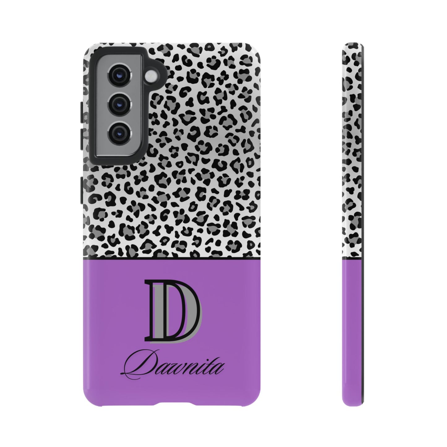 Gray Leopard Print and Purple Personalized Name Phone Case - for iPhone, Samsung, and Google Phones