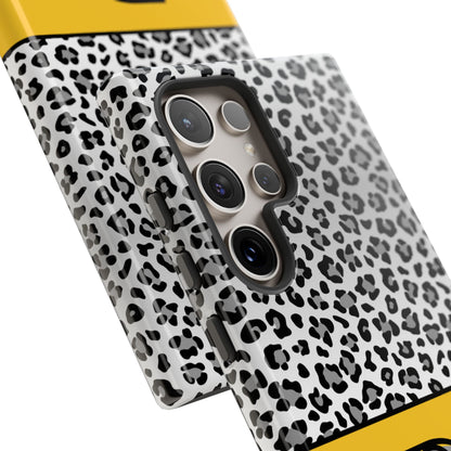 Gray Leopard Print and Yellow Personalized Name Phone Case - for iPhone, Samsung, and Google Phones