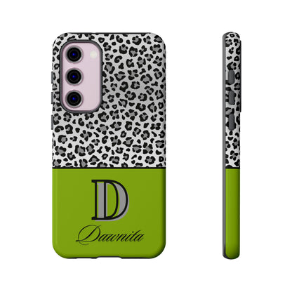 Gray Leopard Print and Green Personalized Name Phone Case - for iPhone, Samsung, and Google Phones