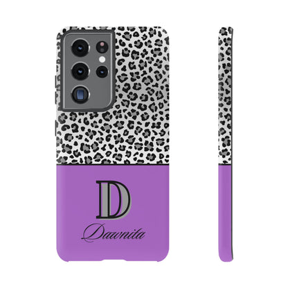 Gray Leopard Print and Purple Personalized Name Phone Case - for iPhone, Samsung, and Google Phones