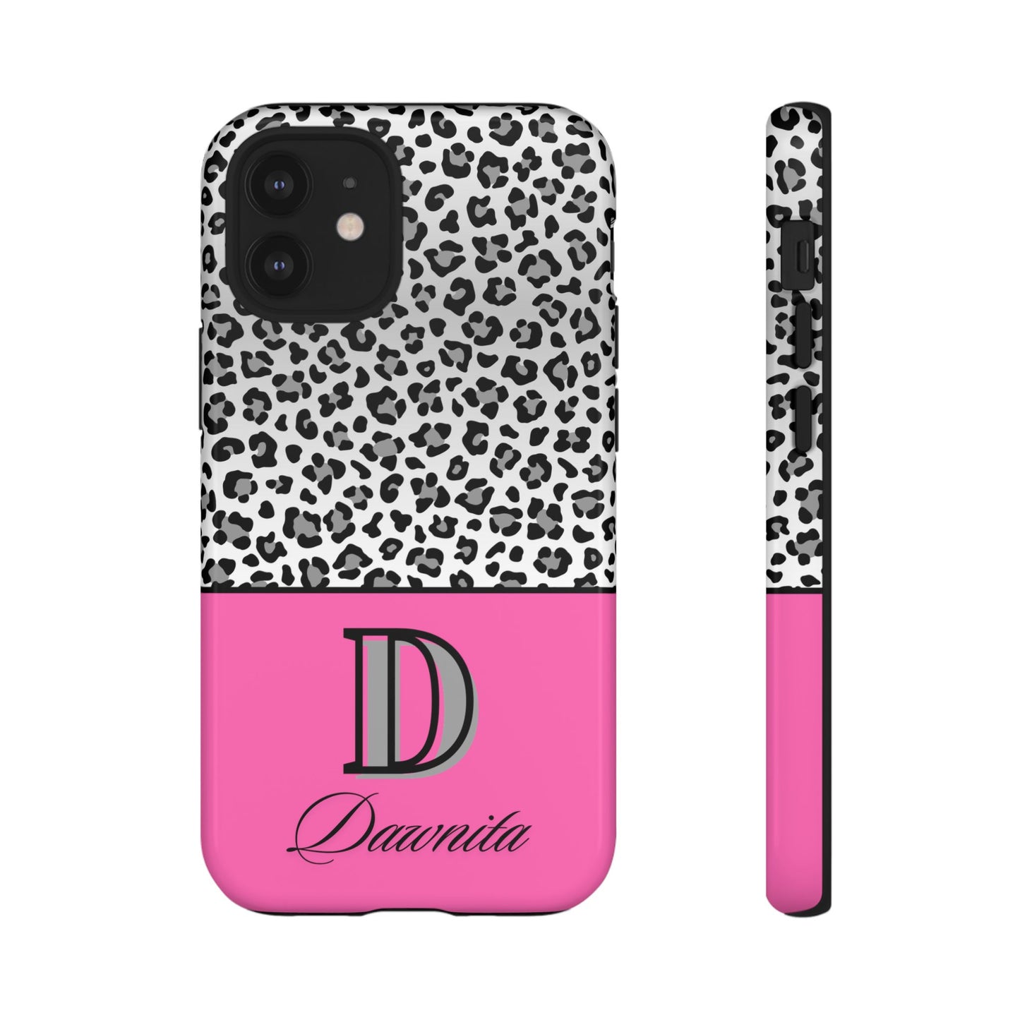 Gray Leopard Print and Pink Personalized Name Phone Case - for iPhone, Samsung, and Google Phones