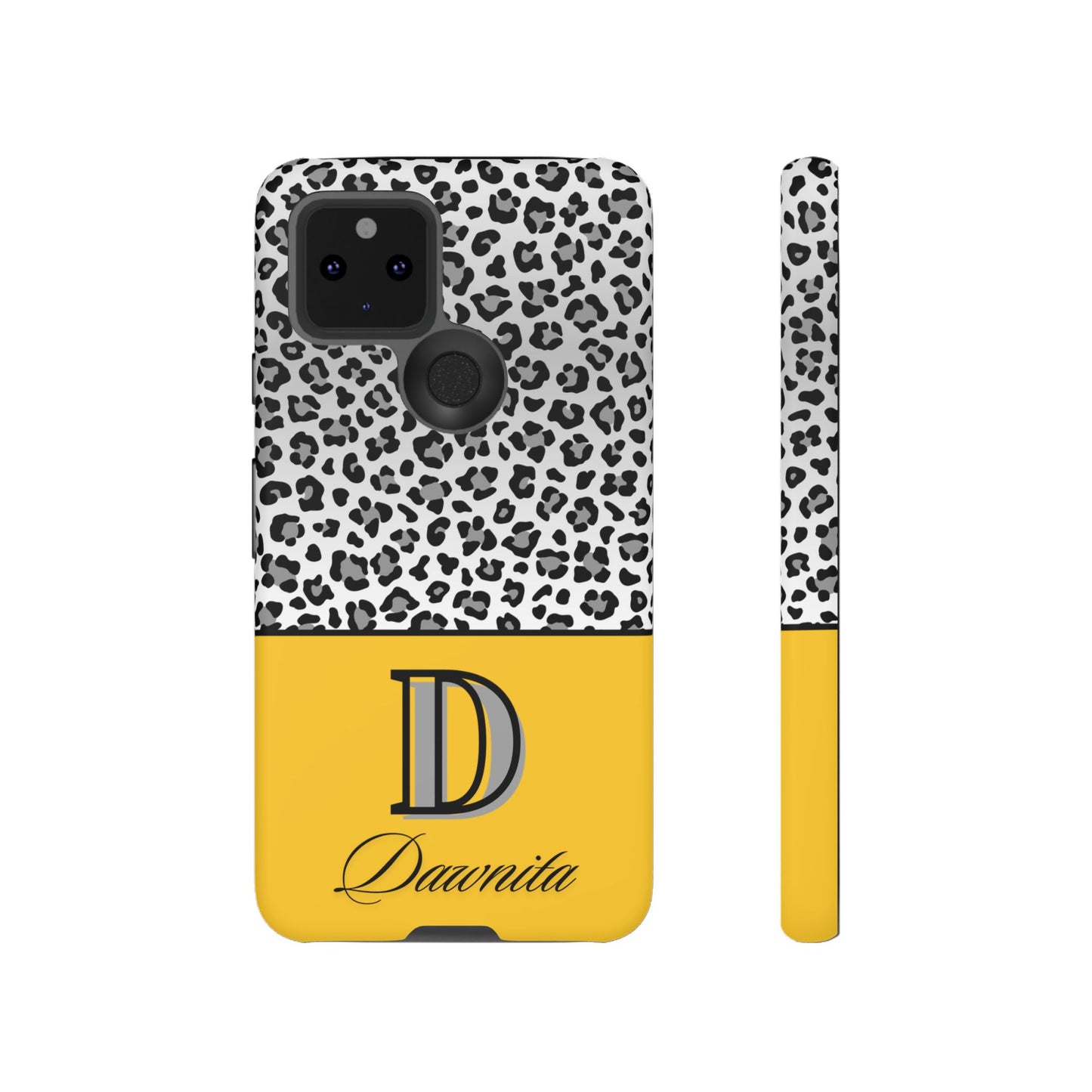 Gray Leopard Print and Yellow Personalized Name Phone Case - for iPhone, Samsung, and Google Phones