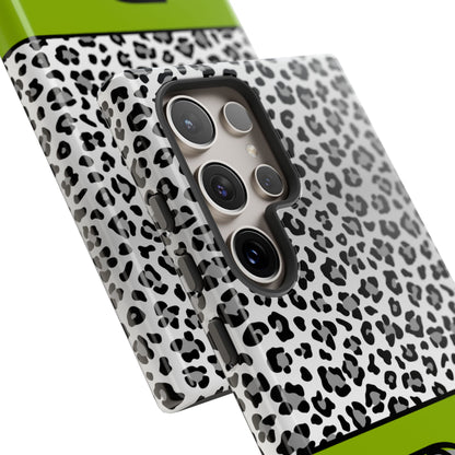 Gray Leopard Print and Green Personalized Name Phone Case - for iPhone, Samsung, and Google Phones