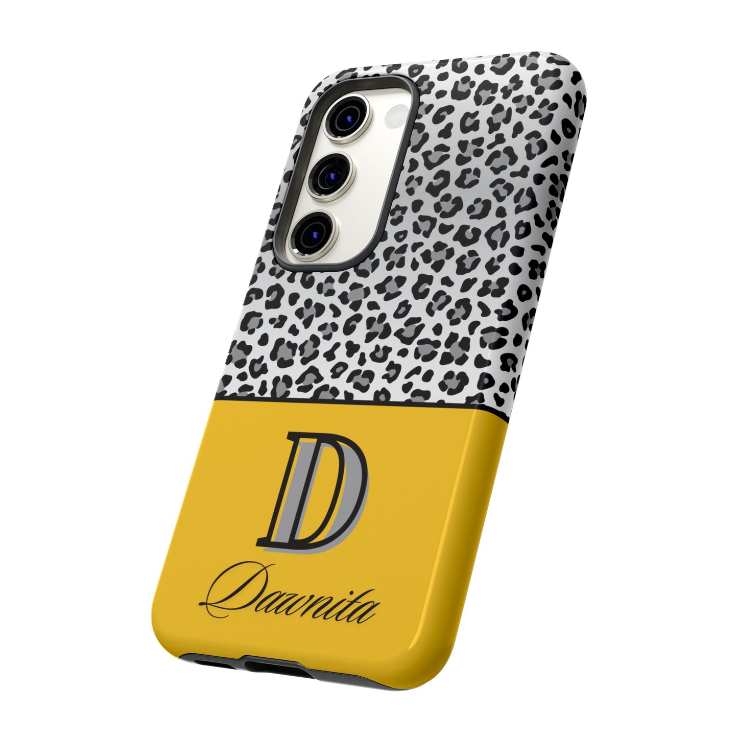 Gray Leopard Print and Yellow Personalized Name Phone Case - for iPhone, Samsung, and Google Phones