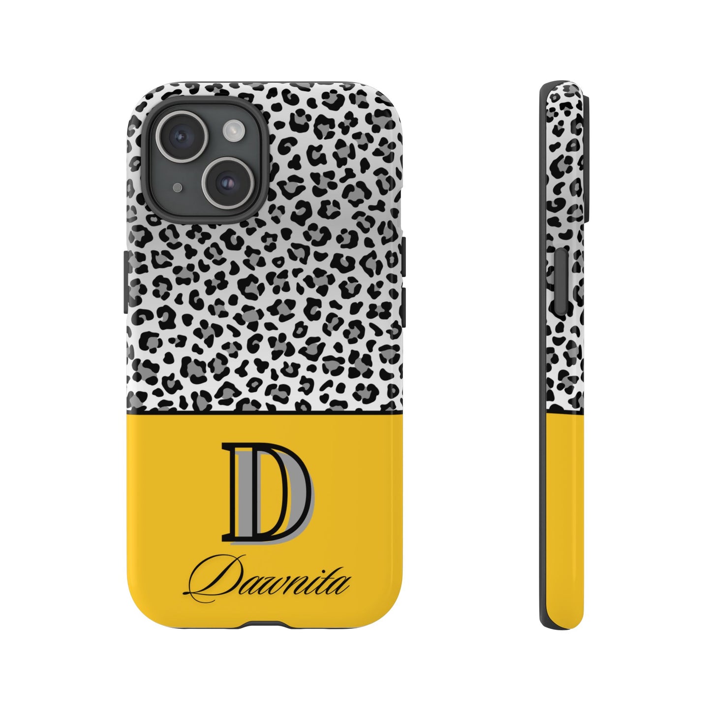 Gray Leopard Print and Yellow Personalized Name Phone Case - for iPhone, Samsung, and Google Phones