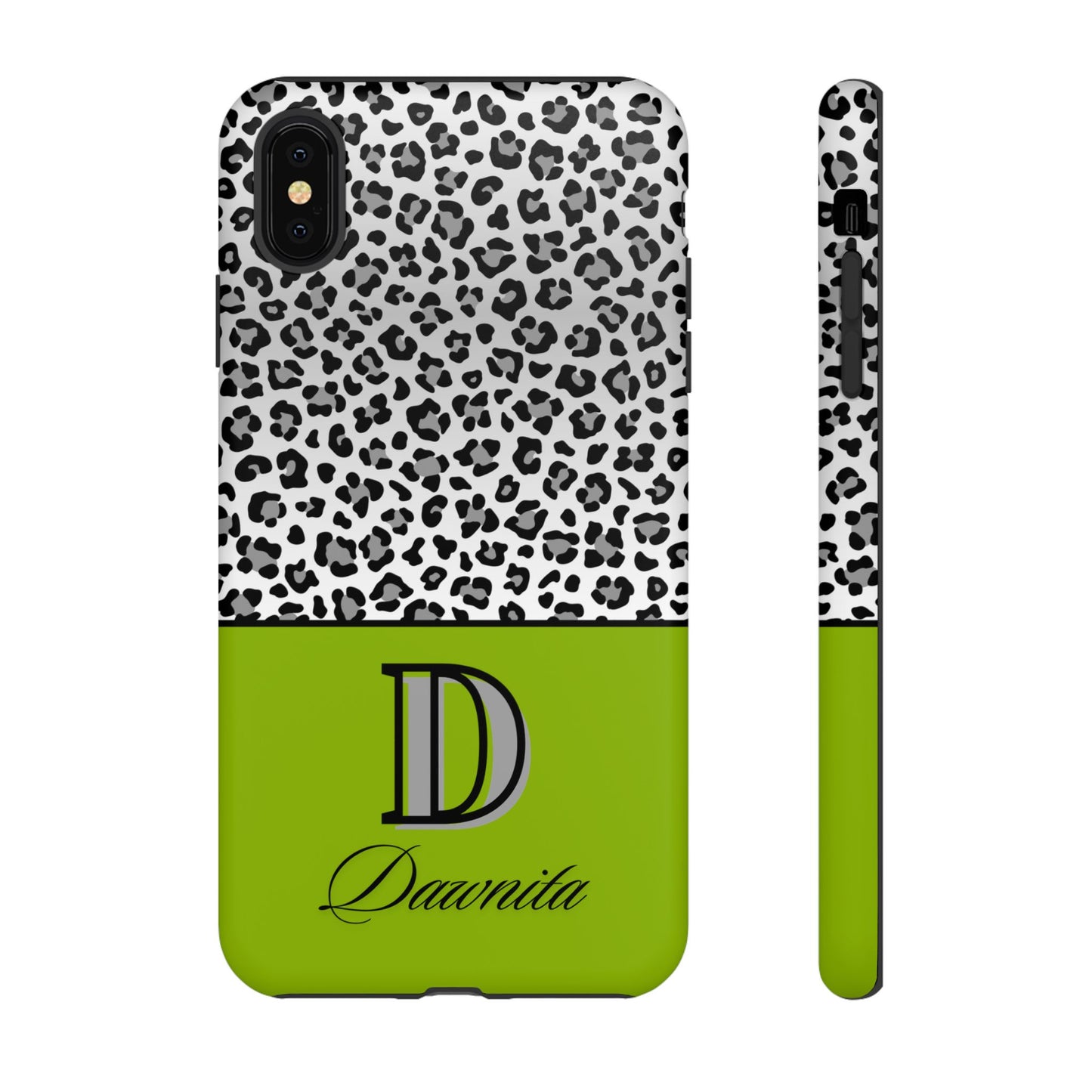 Gray Leopard Print and Green Personalized Name Phone Case - for iPhone, Samsung, and Google Phones