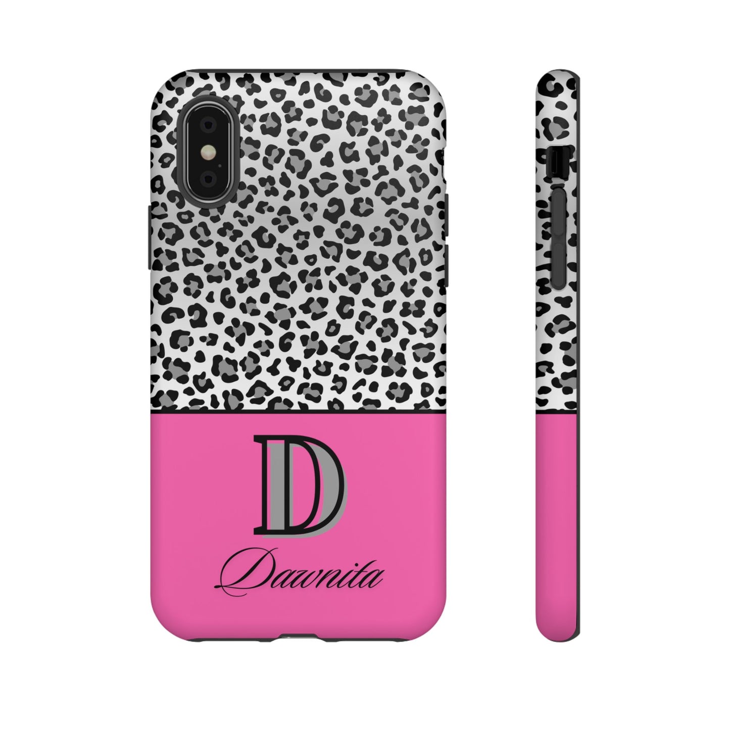 Gray Leopard Print and Pink Personalized Name Phone Case - for iPhone, Samsung, and Google Phones