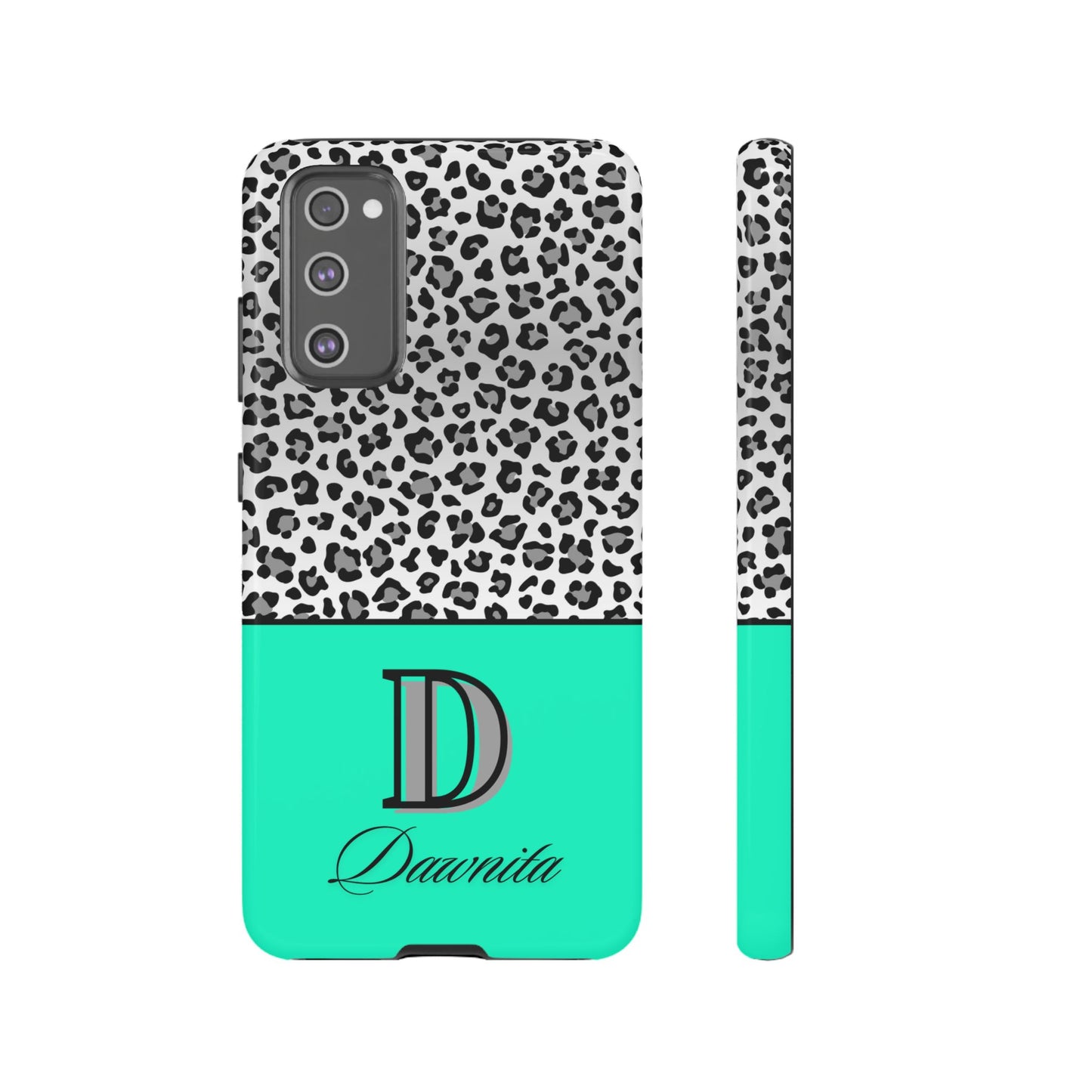 Gray Leopard Print and Teal Personalized Name Phone Case - for iPhone, Samsung, and Google Phones