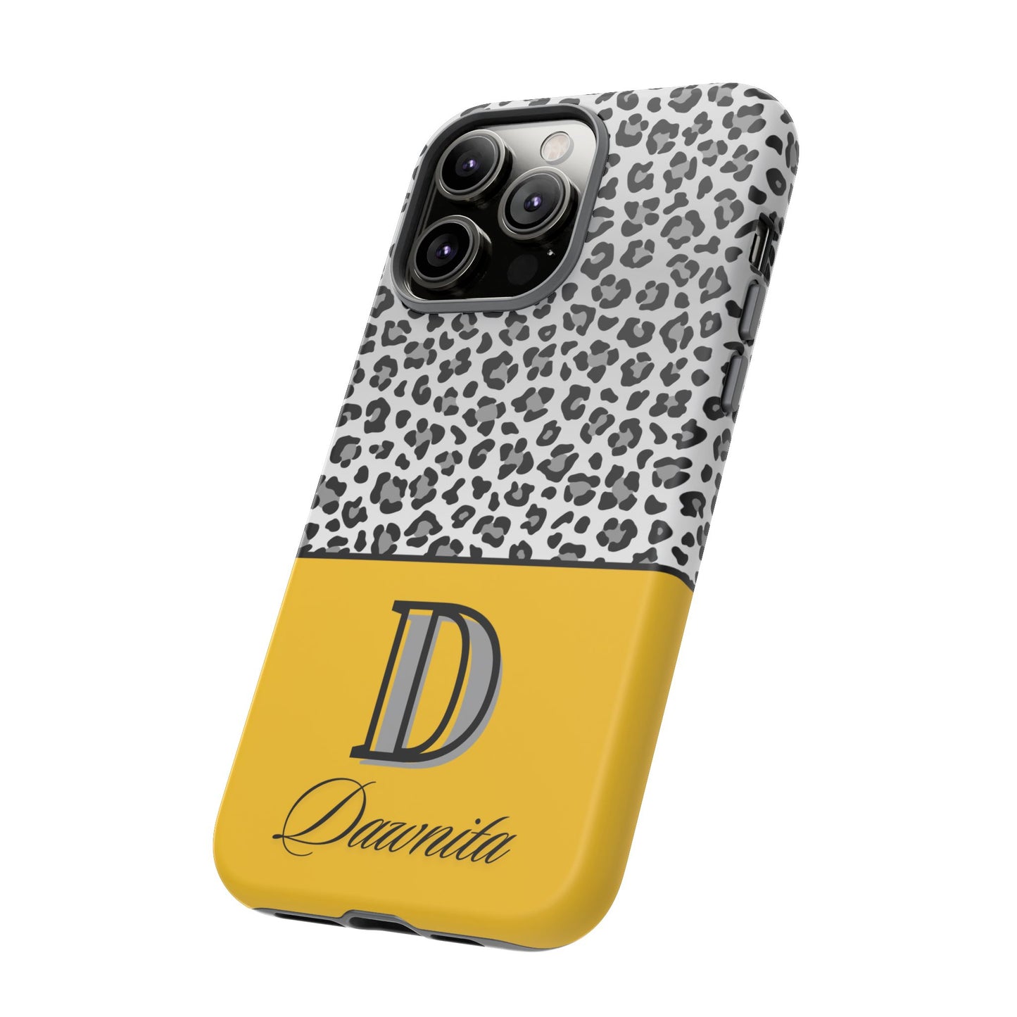 Gray Leopard Print and Yellow Personalized Name Phone Case - for iPhone, Samsung, and Google Phones