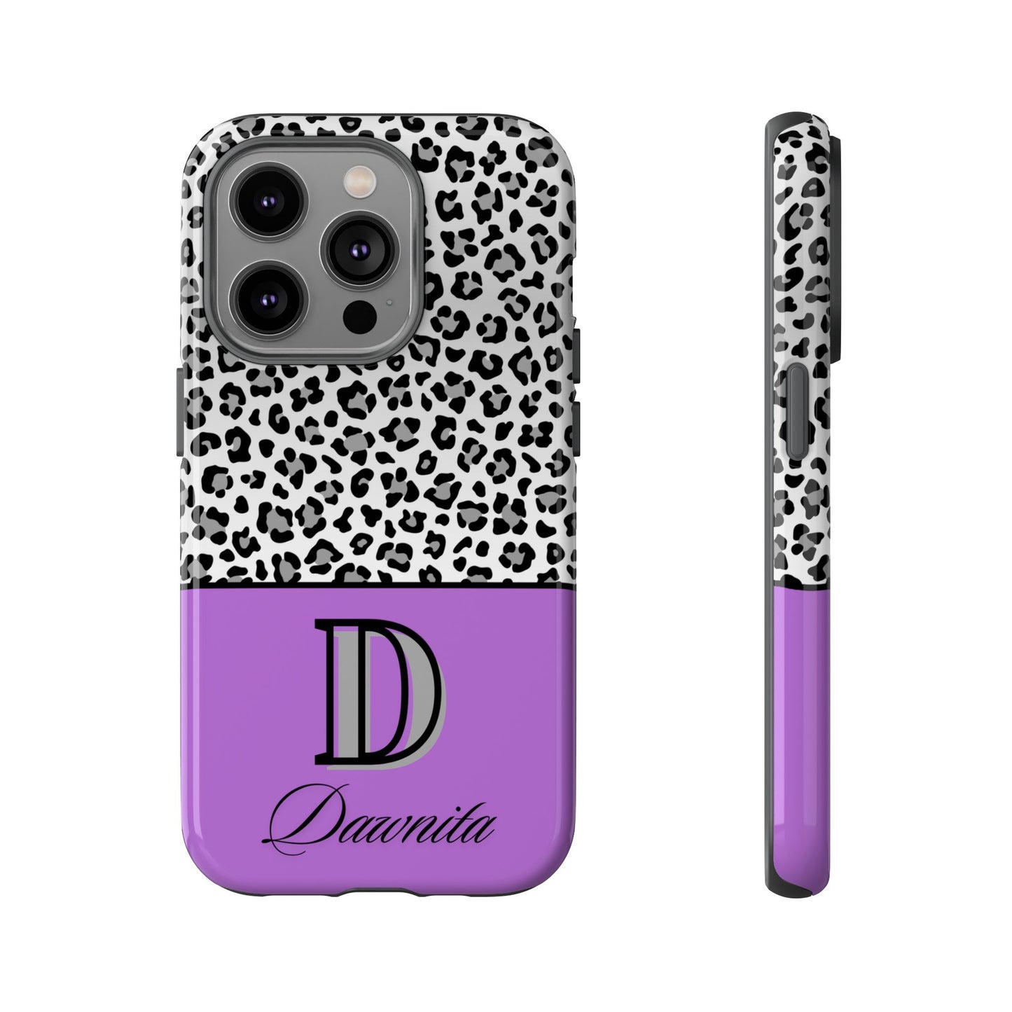 Gray Leopard Print and Purple Personalized Name Phone Case - for iPhone, Samsung, and Google Phones