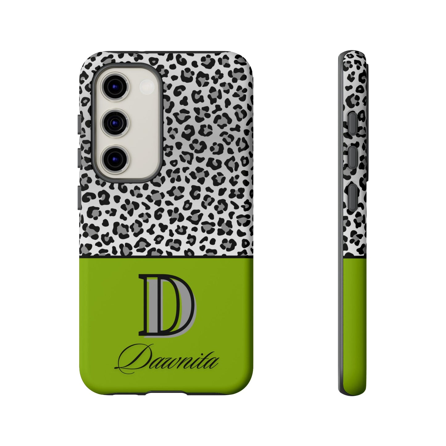 Gray Leopard Print and Green Personalized Name Phone Case - for iPhone, Samsung, and Google Phones