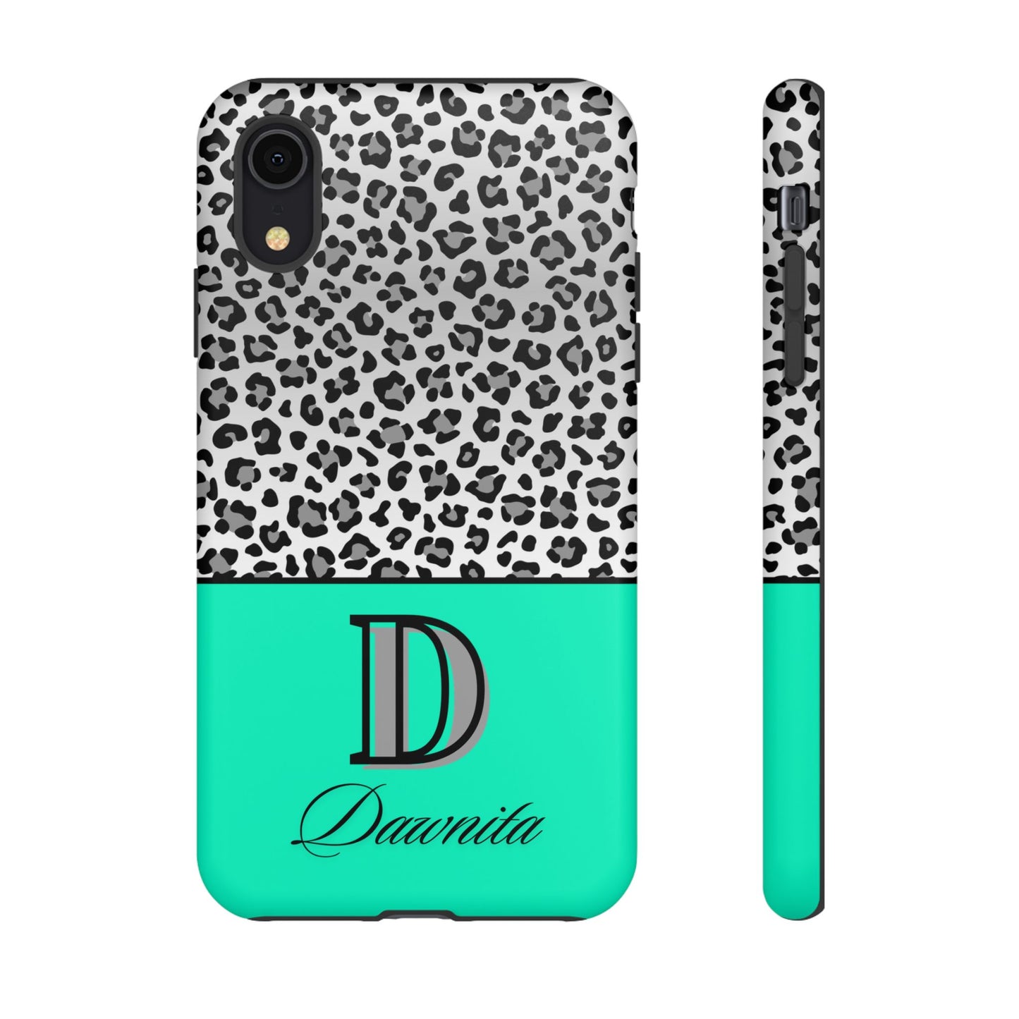 Gray Leopard Print and Teal Personalized Name Phone Case - for iPhone, Samsung, and Google Phones