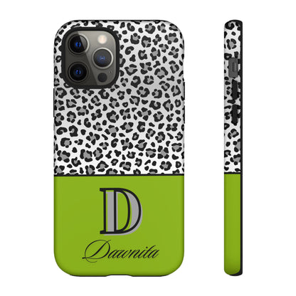 Gray Leopard Print and Green Personalized Name Phone Case - for iPhone, Samsung, and Google Phones