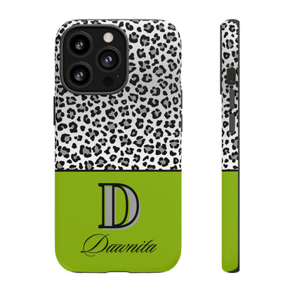 Gray Leopard Print and Green Personalized Name Phone Case - for iPhone, Samsung, and Google Phones