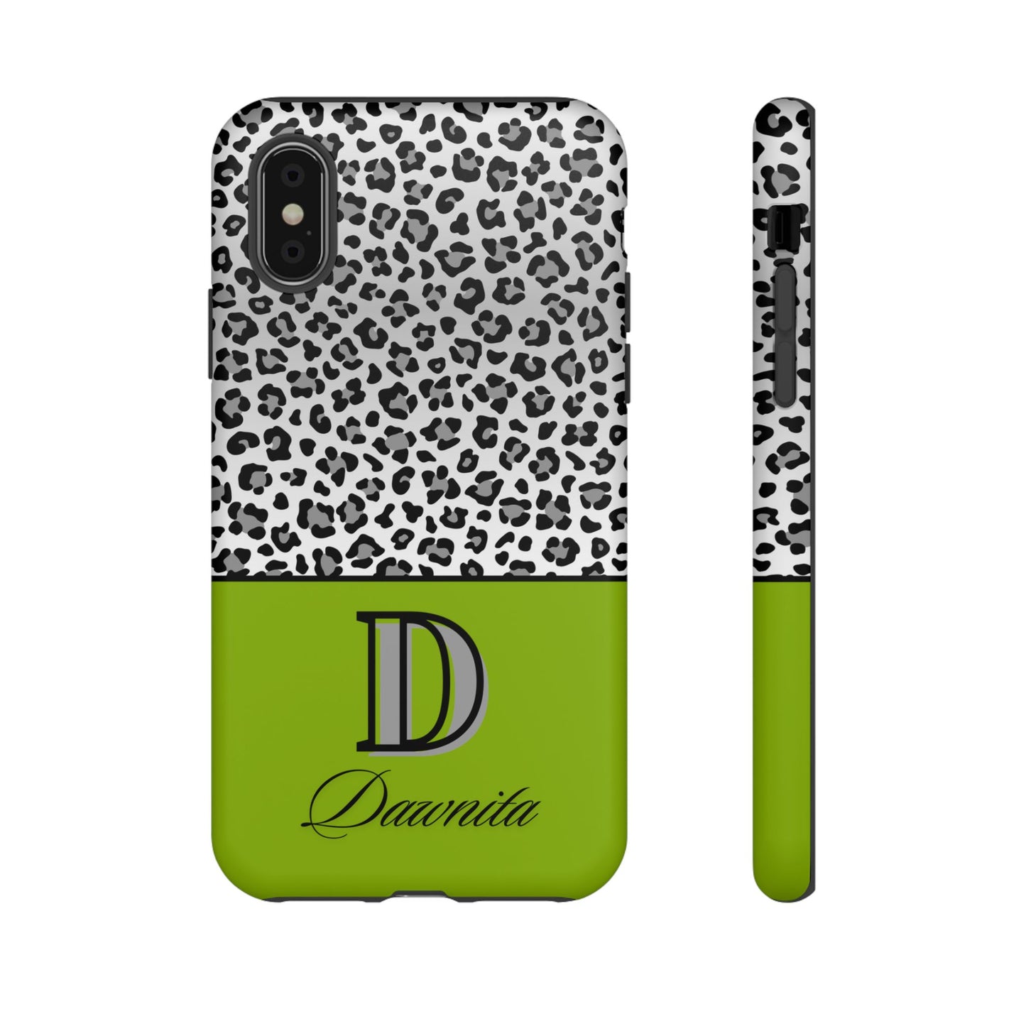 Gray Leopard Print and Green Personalized Name Phone Case - for iPhone, Samsung, and Google Phones