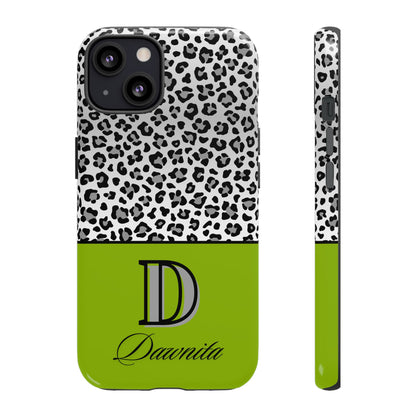 Gray Leopard Print and Green Personalized Name Phone Case - for iPhone, Samsung, and Google Phones