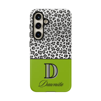 Gray Leopard Print and Green Personalized Name Phone Case - for iPhone, Samsung, and Google Phones