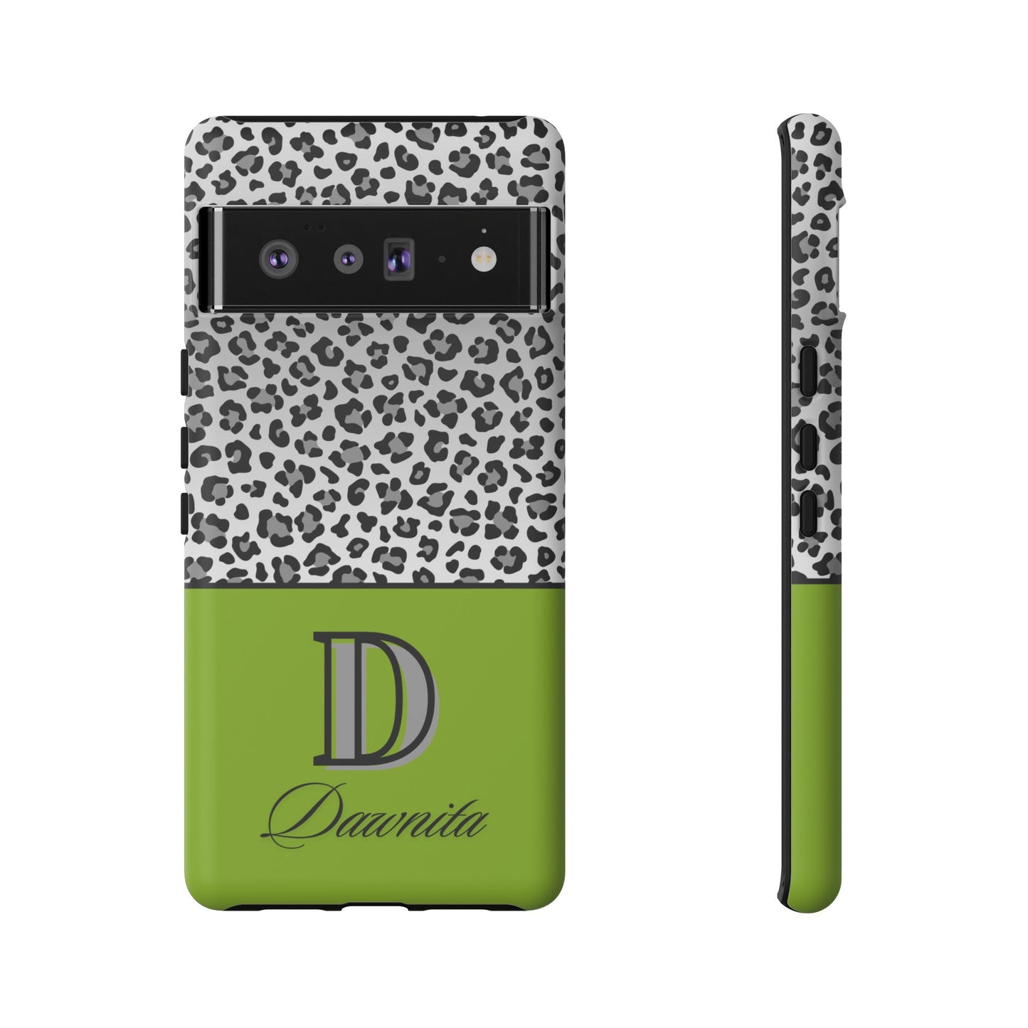 Gray Leopard Print and Green Personalized Name Phone Case - for iPhone, Samsung, and Google Phones