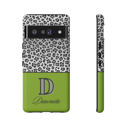 Gray Leopard Print and Green Personalized Name Phone Case - for iPhone, Samsung, and Google Phones