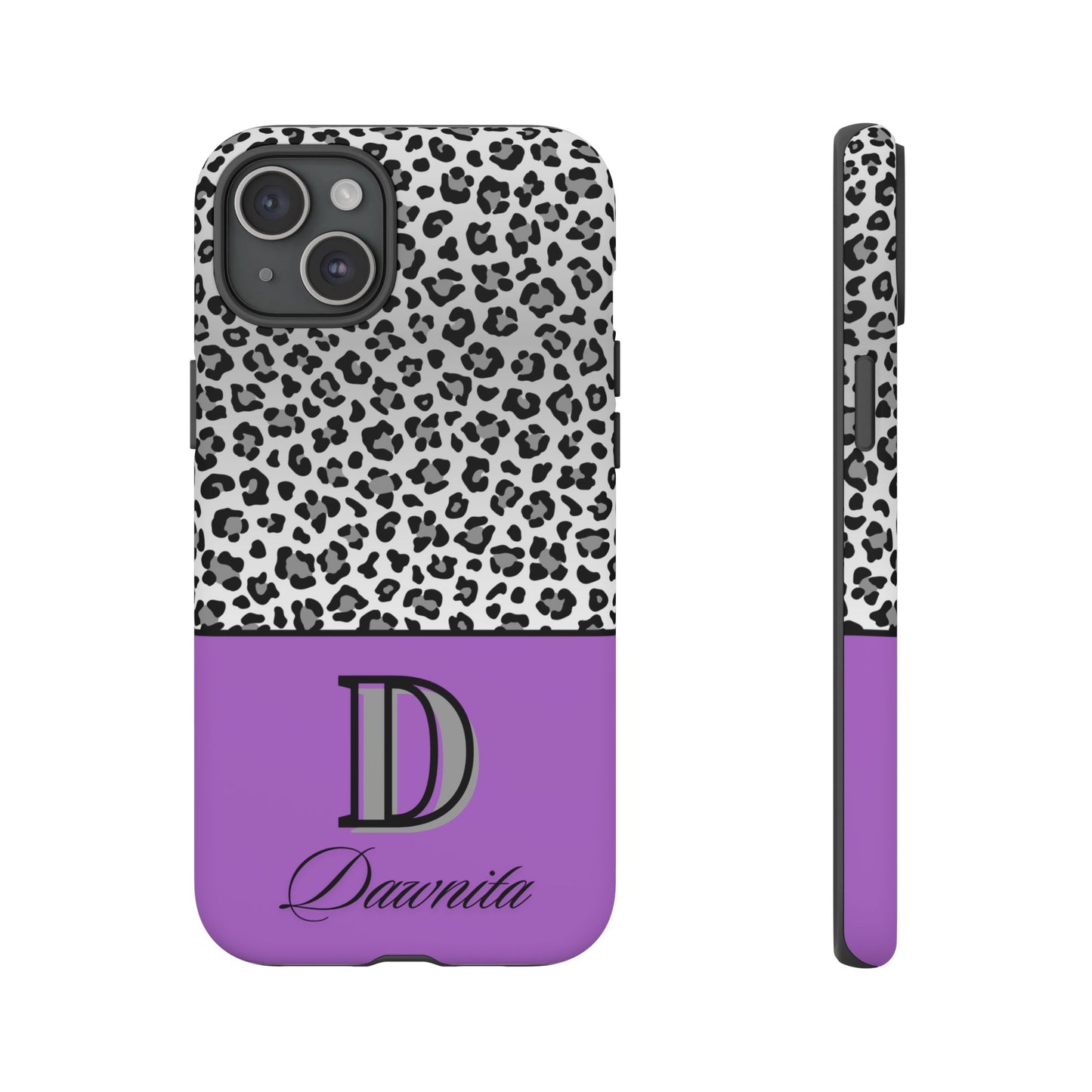 Gray Leopard Print and Purple Personalized Name Phone Case - for iPhone, Samsung, and Google Phones