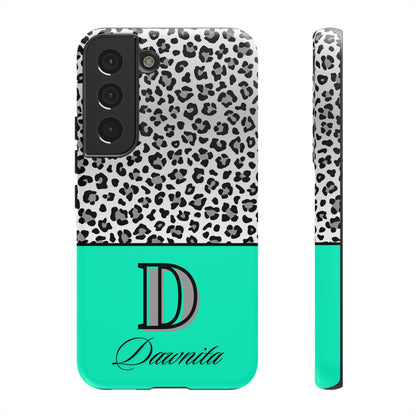 Gray Leopard Print and Teal Personalized Name Phone Case - for iPhone, Samsung, and Google Phones