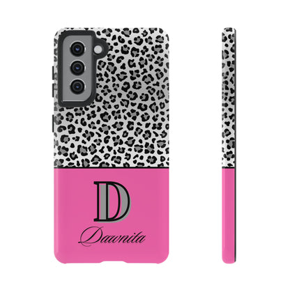 Gray Leopard Print and Pink Personalized Name Phone Case - for iPhone, Samsung, and Google Phones