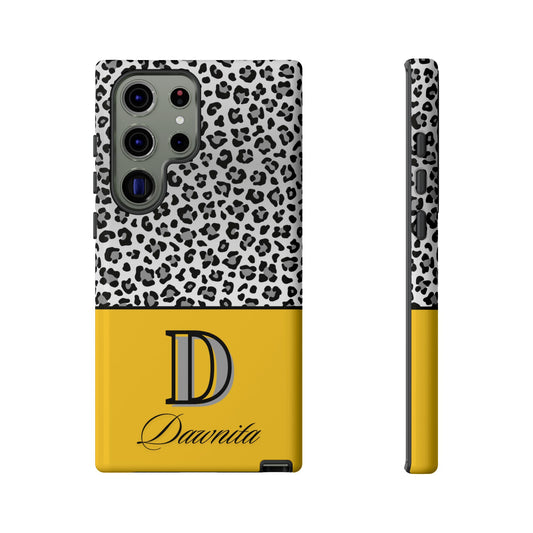 Gray Leopard Print and Yellow Personalized Name Phone Case - for iPhone, Samsung, and Google Phones