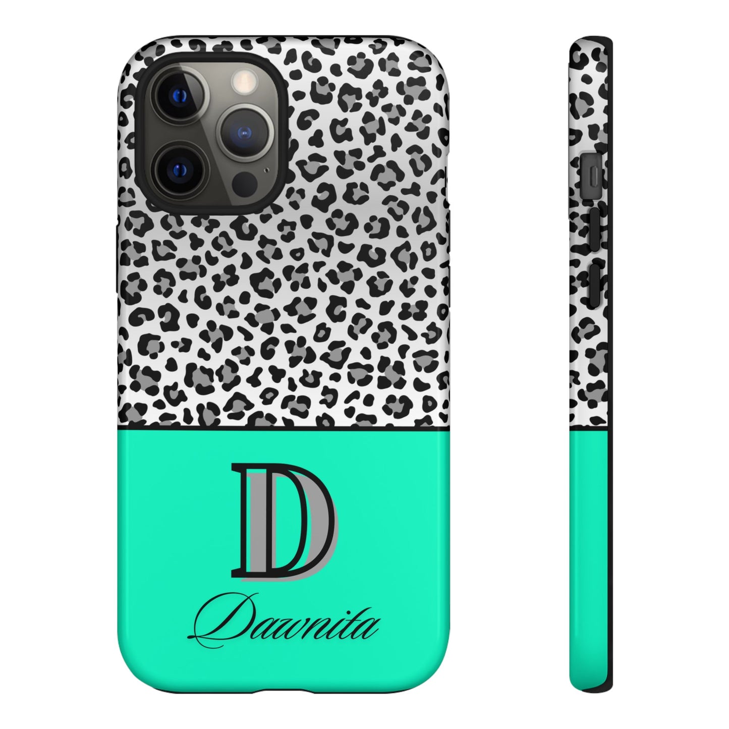 Gray Leopard Print and Teal Personalized Name Phone Case - for iPhone, Samsung, and Google Phones