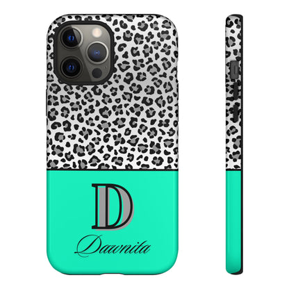 Gray Leopard Print and Teal Personalized Name Phone Case - for iPhone, Samsung, and Google Phones