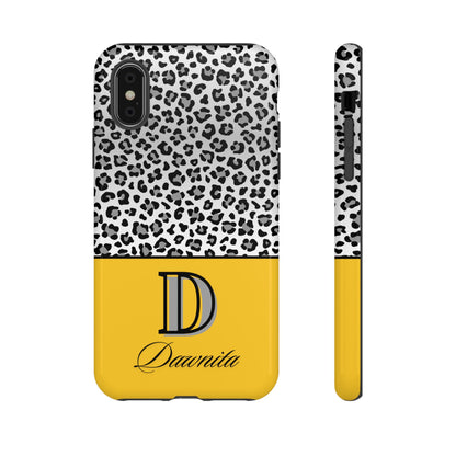 Gray Leopard Print and Yellow Personalized Name Phone Case - for iPhone, Samsung, and Google Phones