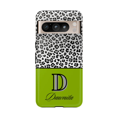 Gray Leopard Print and Green Personalized Name Phone Case - for iPhone, Samsung, and Google Phones