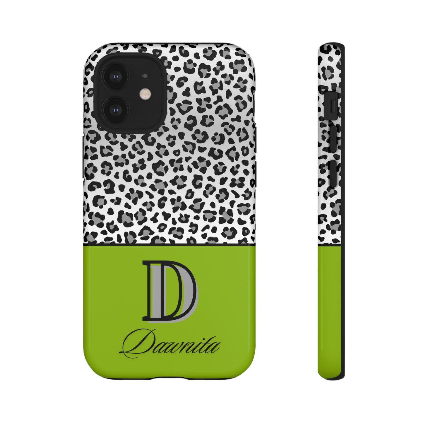 Gray Leopard Print and Green Personalized Name Phone Case - for iPhone, Samsung, and Google Phones