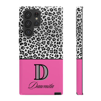 Gray Leopard Print and Pink Personalized Name Phone Case - for iPhone, Samsung, and Google Phones