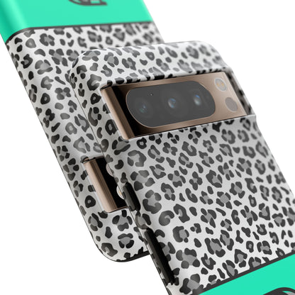 Gray Leopard Print and Teal Personalized Name Phone Case - for iPhone, Samsung, and Google Phones