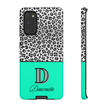 Gray Leopard Print and Teal Personalized Name Phone Case - for iPhone, Samsung, and Google Phones