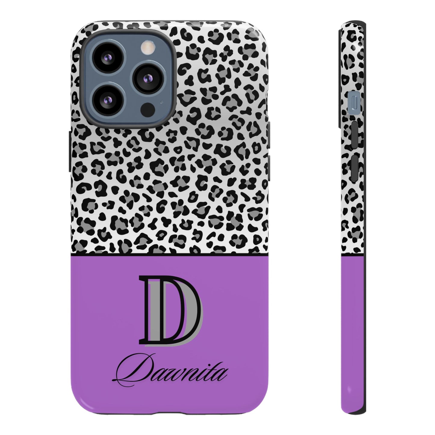 Gray Leopard Print and Purple Personalized Name Phone Case - for iPhone, Samsung, and Google Phones