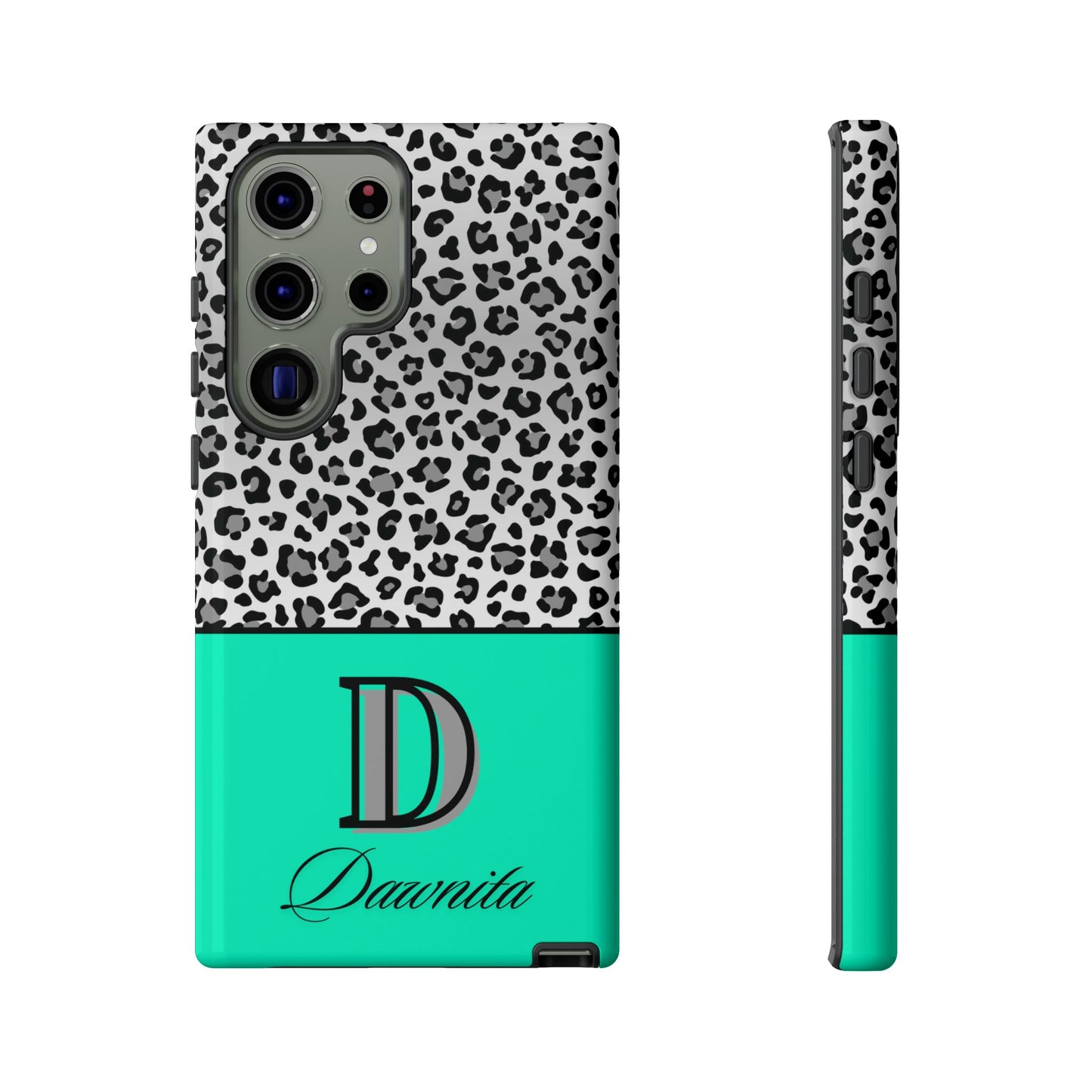 Gray Leopard Print and Teal Personalized Name Phone Case - for iPhone, Samsung, and Google Phones