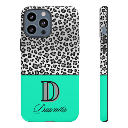 Gray Leopard Print and Teal Personalized Name Phone Case - for iPhone, Samsung, and Google Phones