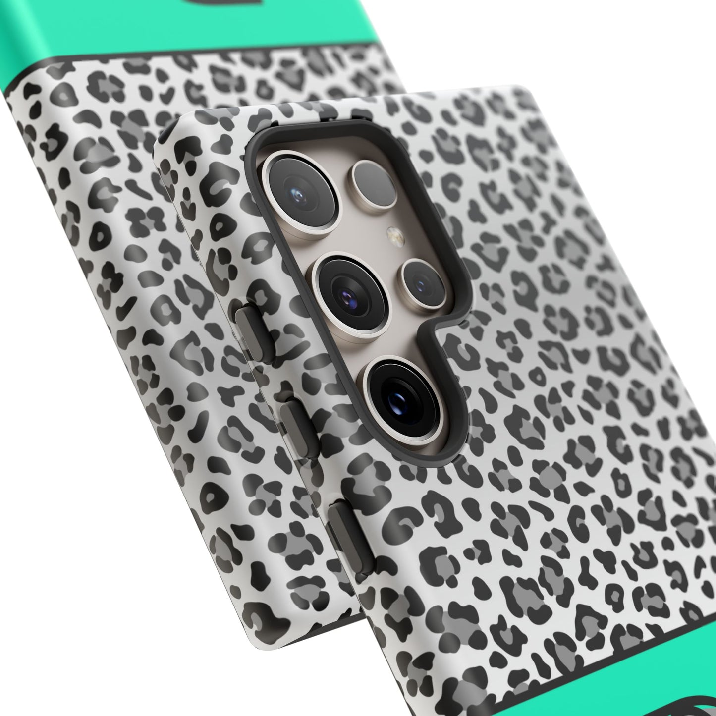 Gray Leopard Print and Teal Personalized Name Phone Case - for iPhone, Samsung, and Google Phones