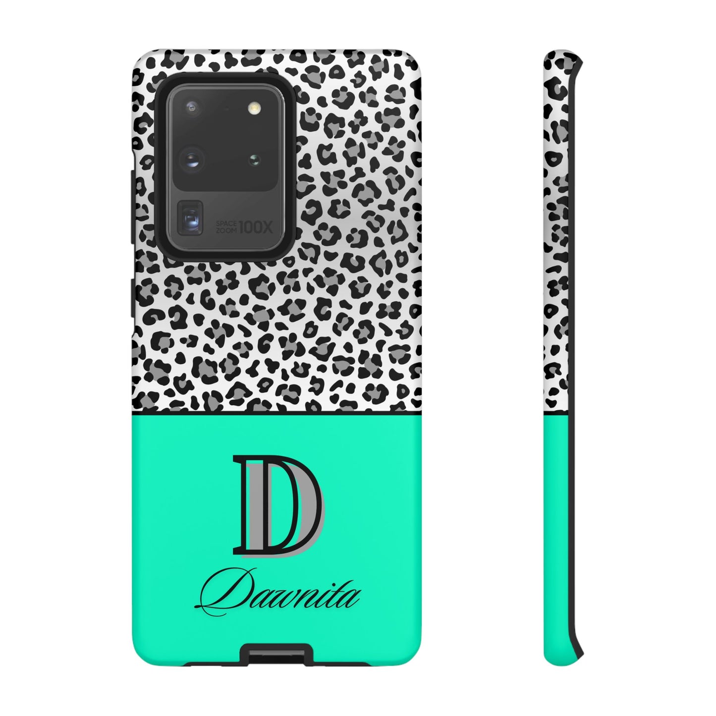 Gray Leopard Print and Teal Personalized Name Phone Case - for iPhone, Samsung, and Google Phones