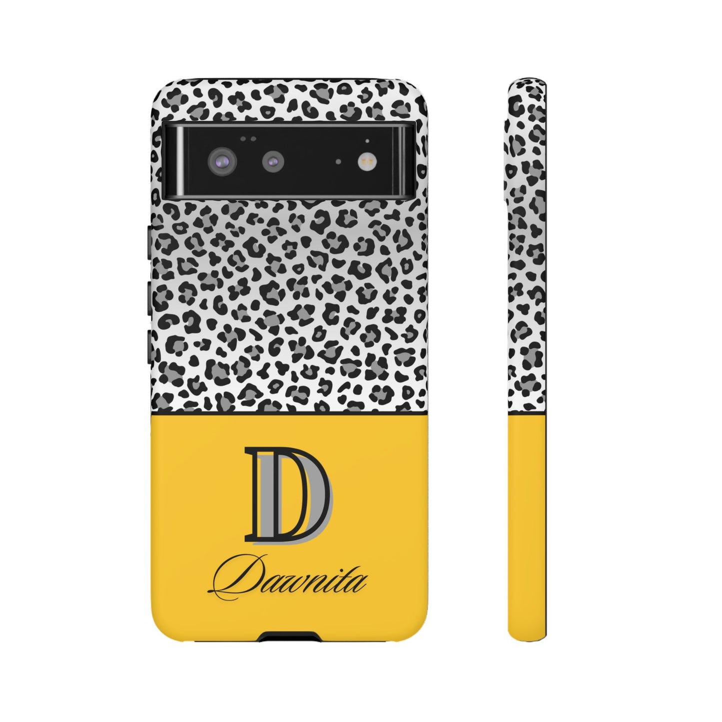 Gray Leopard Print and Yellow Personalized Name Phone Case - for iPhone, Samsung, and Google Phones