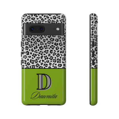 Gray Leopard Print and Green Personalized Name Phone Case - for iPhone, Samsung, and Google Phones