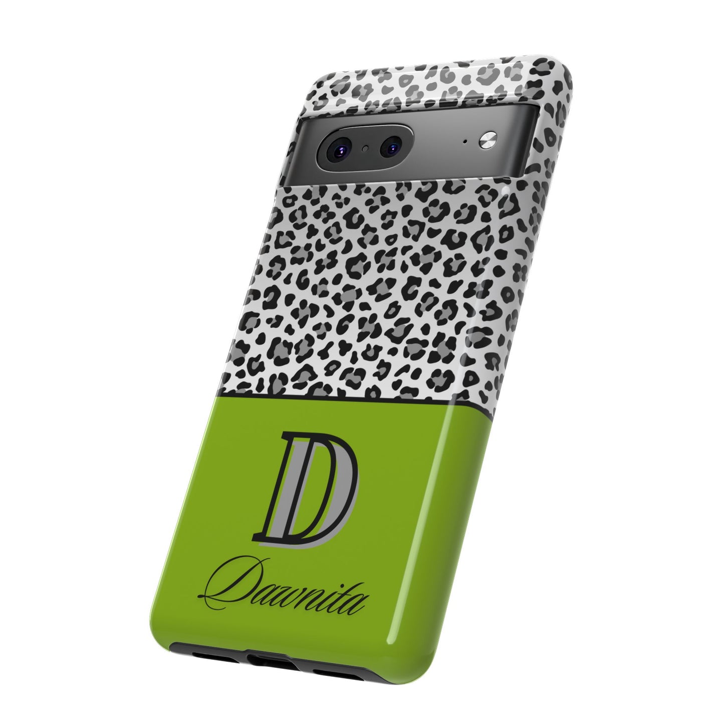 Gray Leopard Print and Green Personalized Name Phone Case - for iPhone, Samsung, and Google Phones