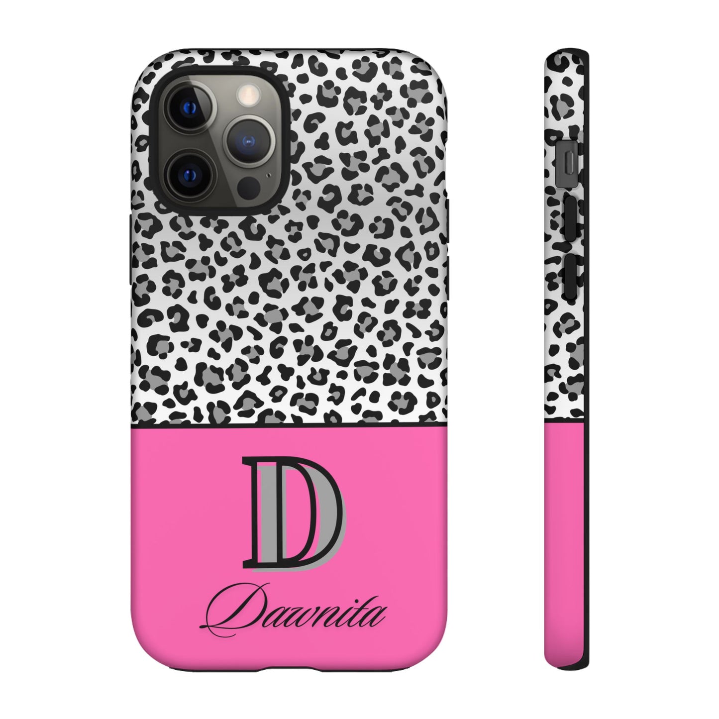 Gray Leopard Print and Pink Personalized Name Phone Case - for iPhone, Samsung, and Google Phones