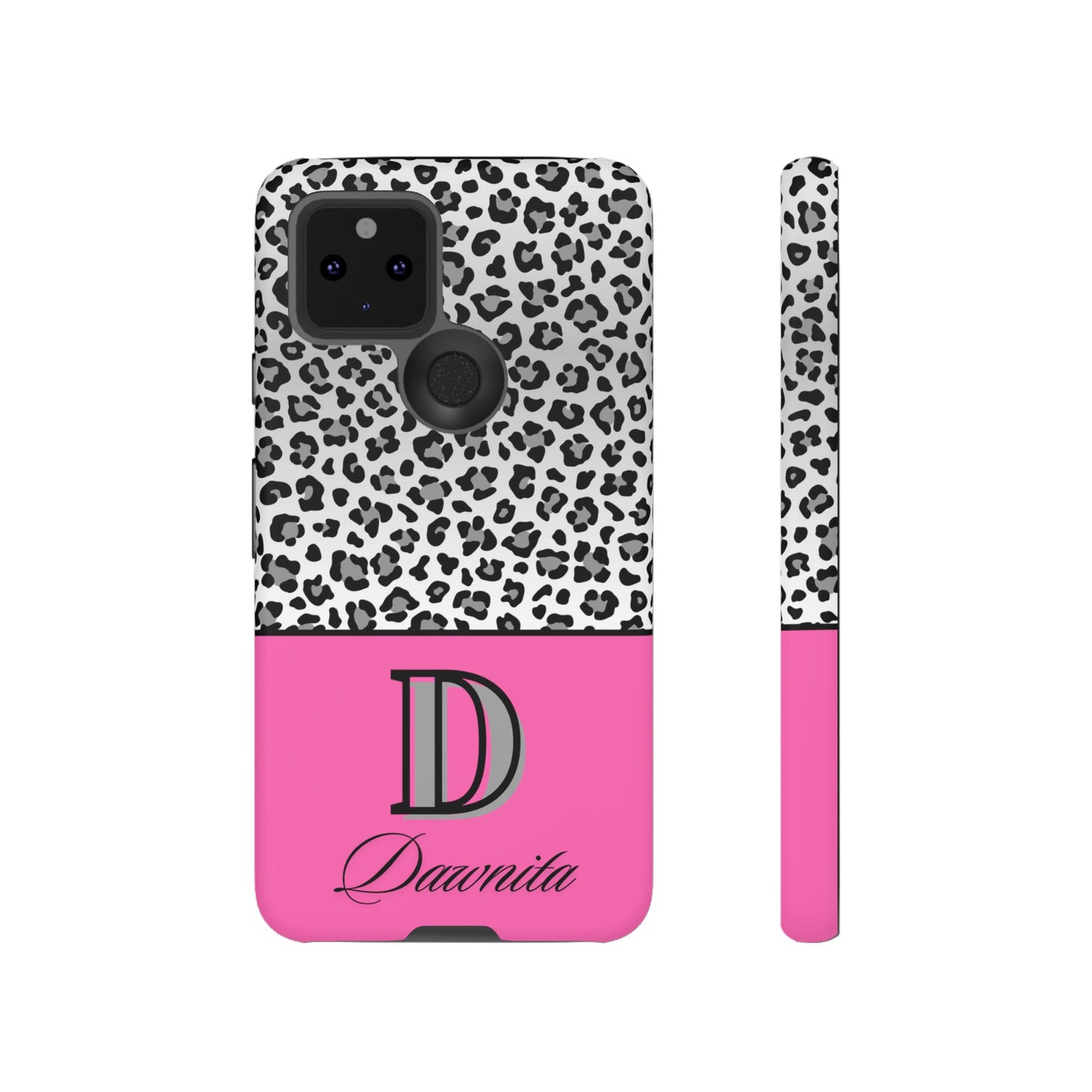 Gray Leopard Print and Pink Personalized Name Phone Case - for iPhone, Samsung, and Google Phones