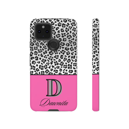 Gray Leopard Print and Pink Personalized Name Phone Case - for iPhone, Samsung, and Google Phones