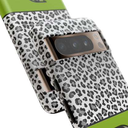 Gray Leopard Print and Green Personalized Name Phone Case - for iPhone, Samsung, and Google Phones