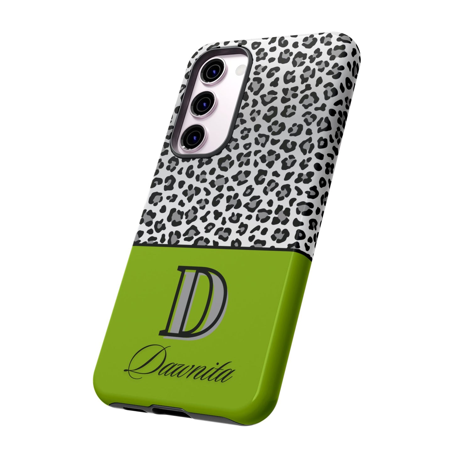 Gray Leopard Print and Green Personalized Name Phone Case - for iPhone, Samsung, and Google Phones