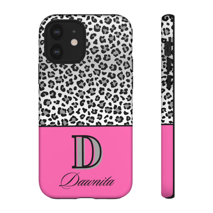 Gray Leopard Print and Pink Personalized Name Phone Case - for iPhone, Samsung, and Google Phones